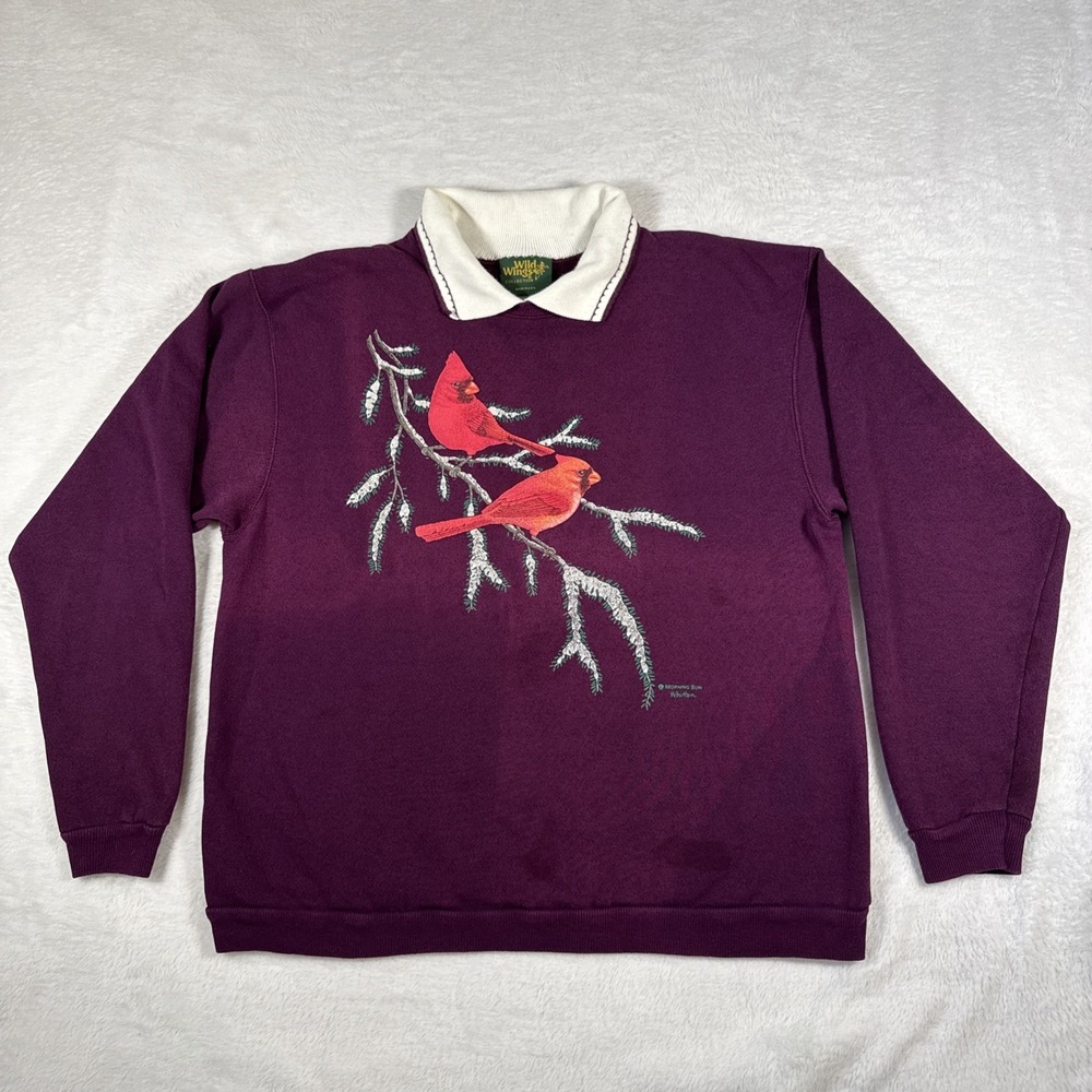 Medium Burgundy Collared Cardinal Bird‎ Pullover Made In USA Cottagecore Grandma